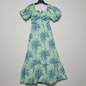 JMarie Women Dress Small Green Tropical Trees Cutout Back Midi Puffed Sleeve 619